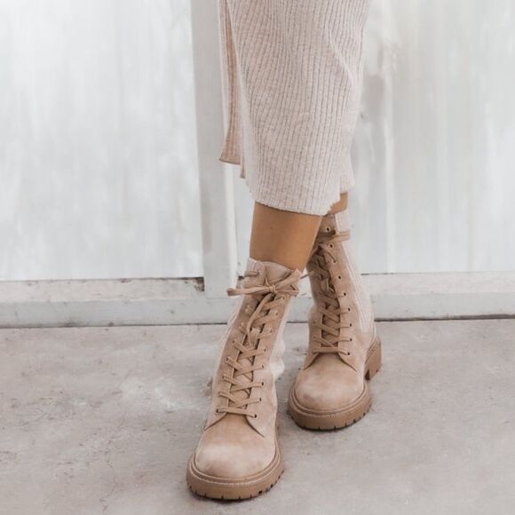 SAM EDELMAN Lydell Combat Boot in Sesame Suede/Knit - Picture 1 of 6